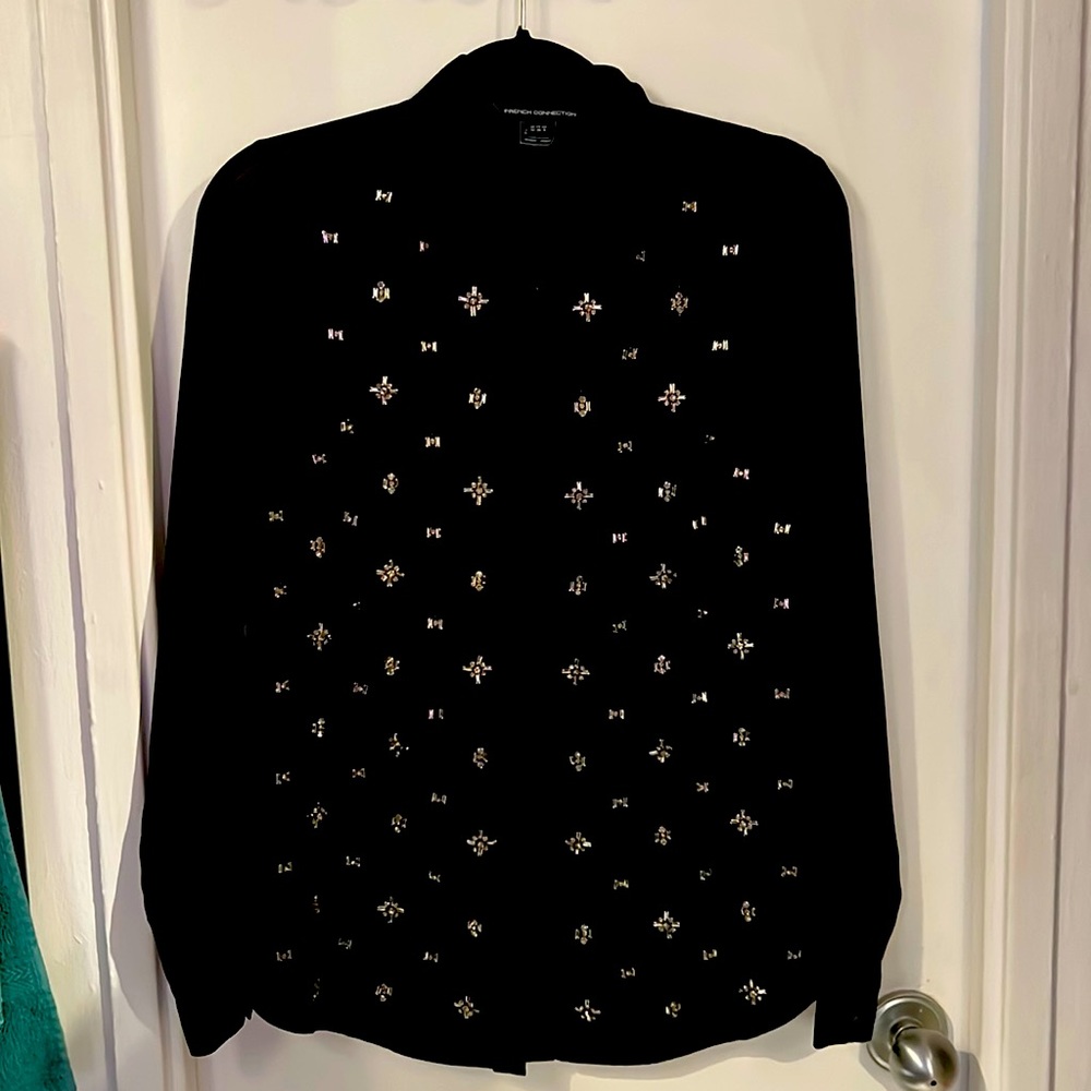 French Connection Semi sheer button down crepe shirt with rhinestone details.